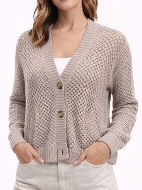 RD Style Open Knit Cardigan Beige Button Front Cozy Lightweight Sweater L